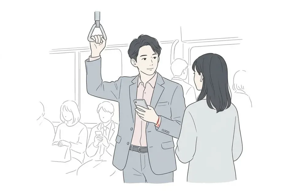 通勤電車の中で周囲の視線を気にしながらスマートフォンを操作する男性