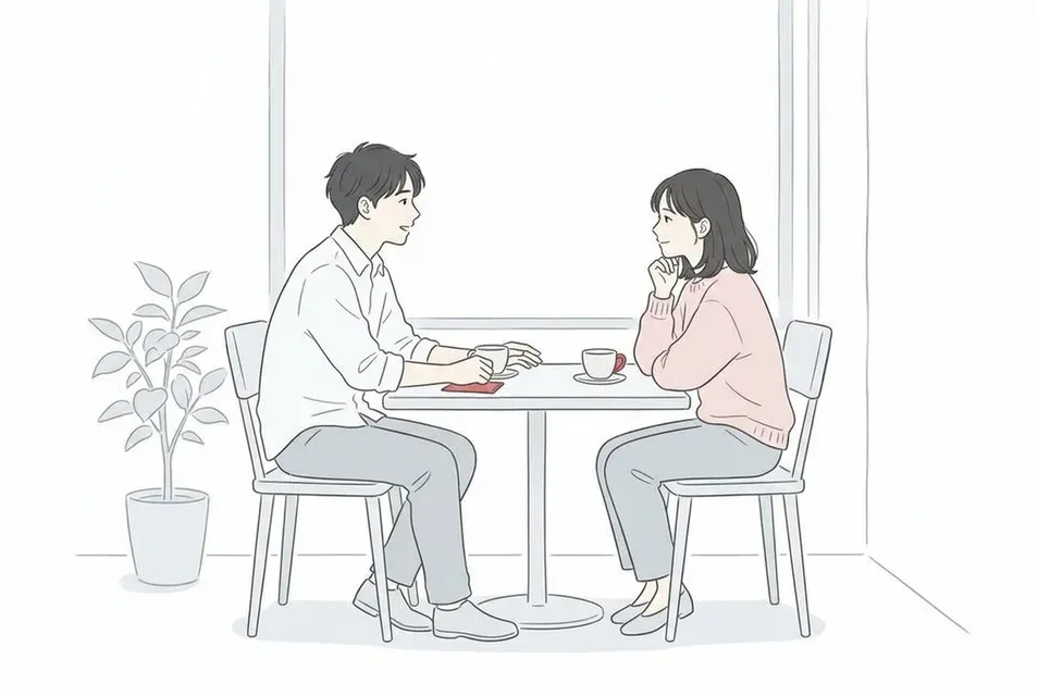 落ち着いたカフェで対面し、真剣に言葉を交わす男女