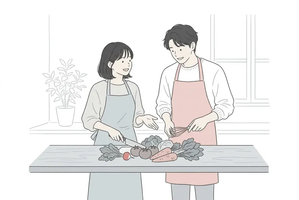 料理の社会人サークルで笑顔で会話を交わしながら調理する男女