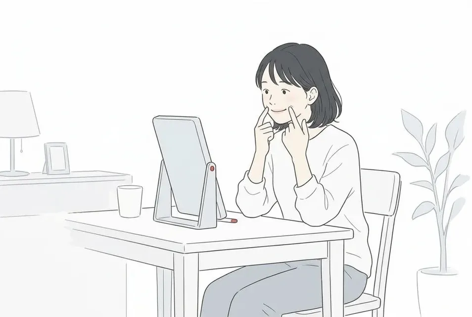 鏡の前で口角を上げて穏やかに微笑む女性