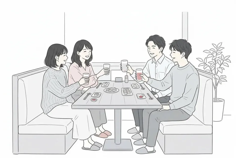 友人と一緒に居酒屋のボックス席に座り、リラックスした笑顔で乾杯を交わす女性たち