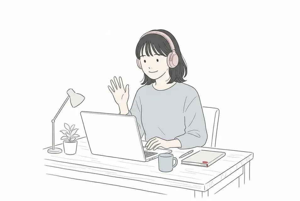 自宅の机でヘッドホンを着け、オンライン通話で穏やかに挨拶する女性