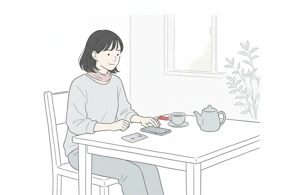 明るい部屋のテーブルで身分証明書を手元に置き、落ち着いた表情でスマートフォンを操作する女性