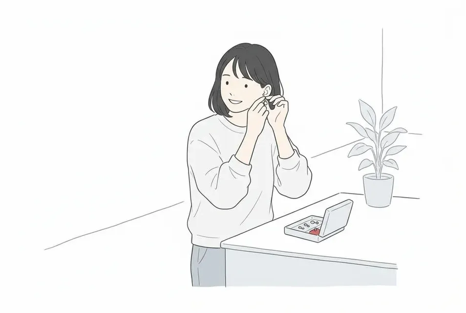 外出前にイヤリングを着け、穏やかな笑顔で身だしなみを整える女性