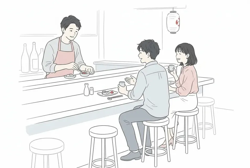 カウンター越しに店員と客が和やかに過ごす落ち着いた居酒屋の店内