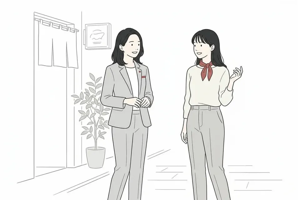 モノトーンと差し色で服装の被りを避けた2人の女性