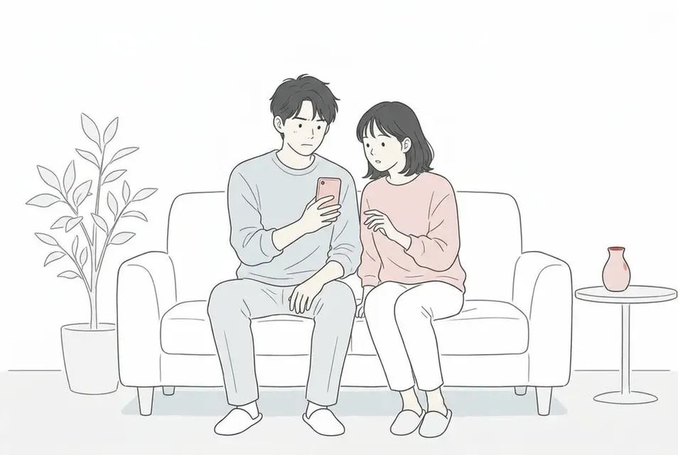 リビングのソファで一緒にスマートフォンの画面を覗き込み、ふとした表示に緊張が走るカップルの様子