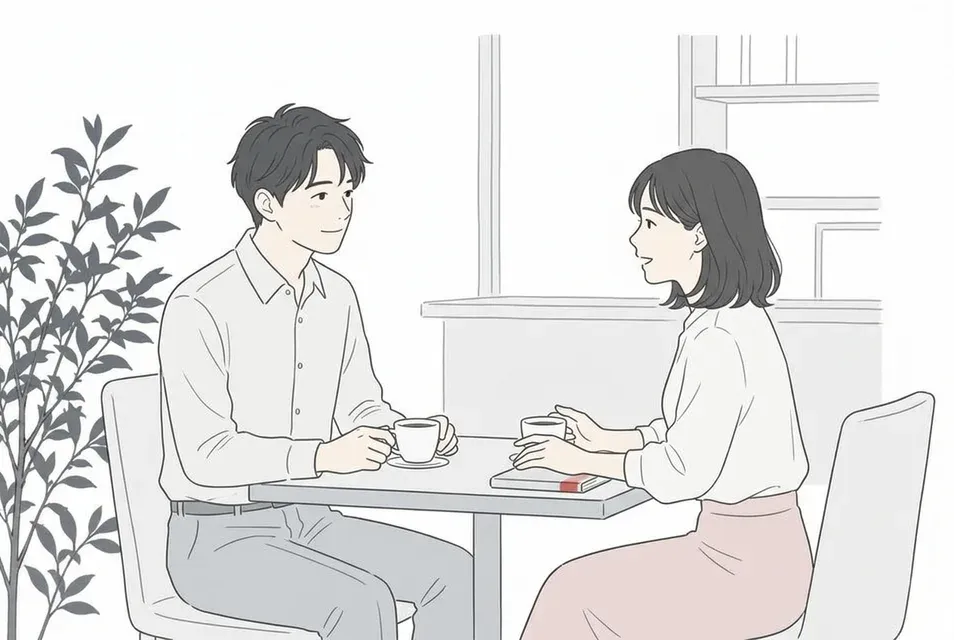 カフェのテーブル席で相手の話に穏やかに耳を傾け、誠実に会話をする20代男性