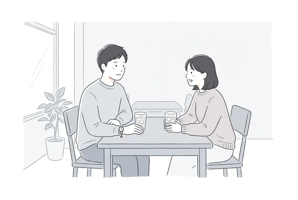 カフェのテーブル越しに向かい合い、少し照れくさそうに視線を交わしながら会話する男女