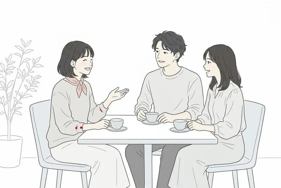 共通の友人を交えてカフェで和やかに歓談する男女の様子