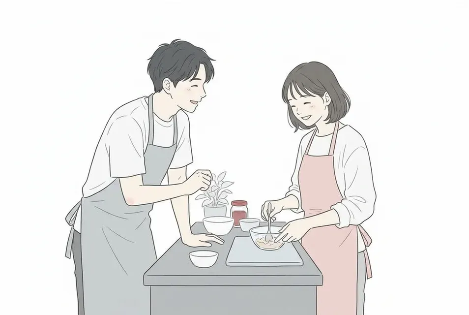 料理教室のキッチンカウンターで、エプロン姿の男女が和やかに会話をしながら一緒に作業する様子