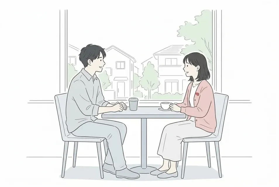 駅近くの明るいカフェでリラックスして会話を楽しむ男女