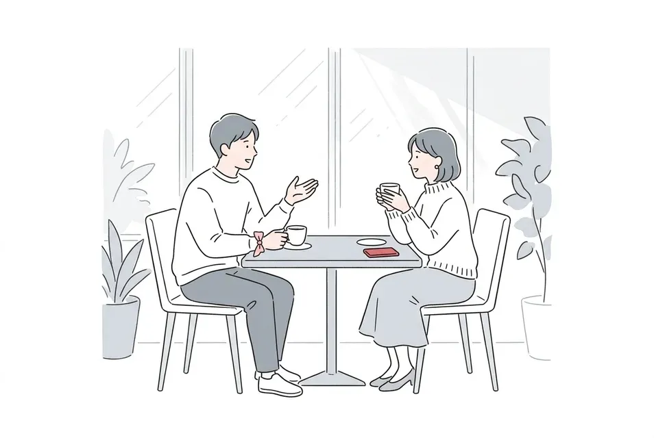 平日昼間の落ち着いたカフェで向かい合って穏やかに会話を楽しむ男女