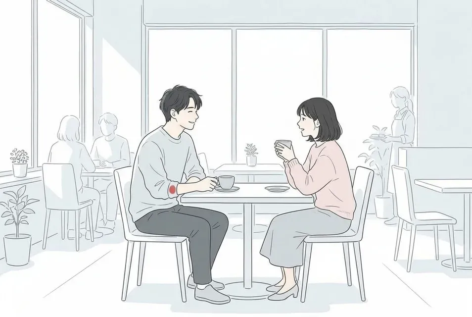 明るく開放的なカフェのテーブル席で、昼間に落ち着いて会話をする男女