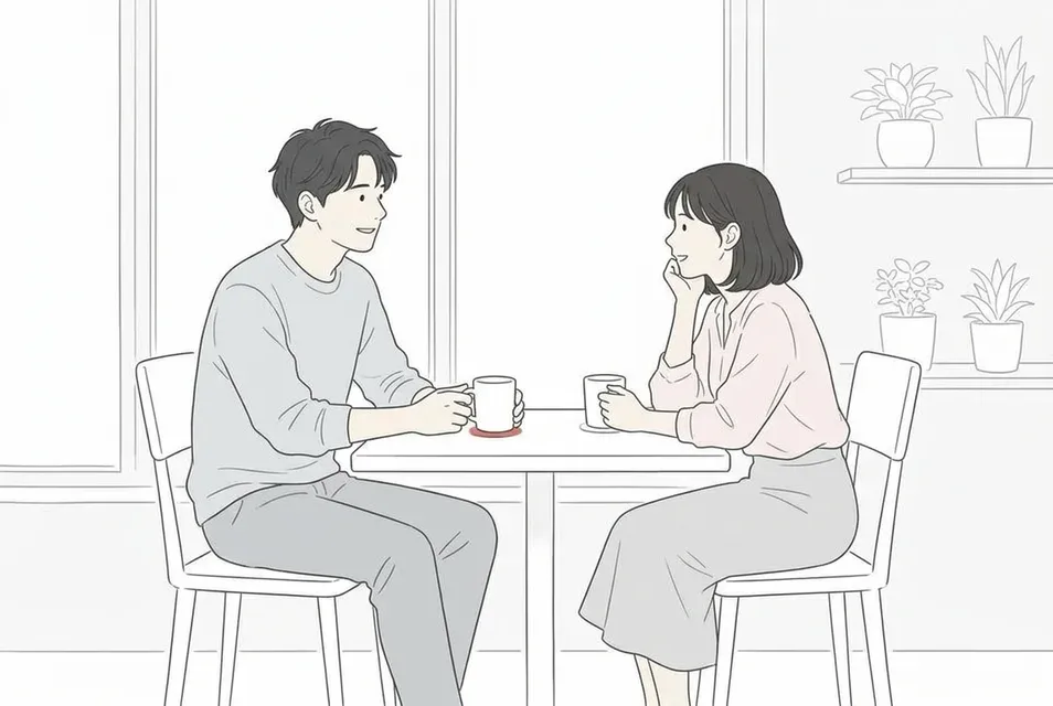 明るく開放的なカフェの席で穏やかに会話をする男女