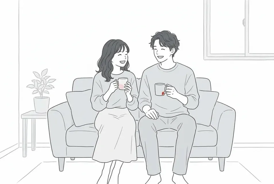 リビングのソファでリラックスしながら笑顔でお茶を飲んで談笑する男女カップル