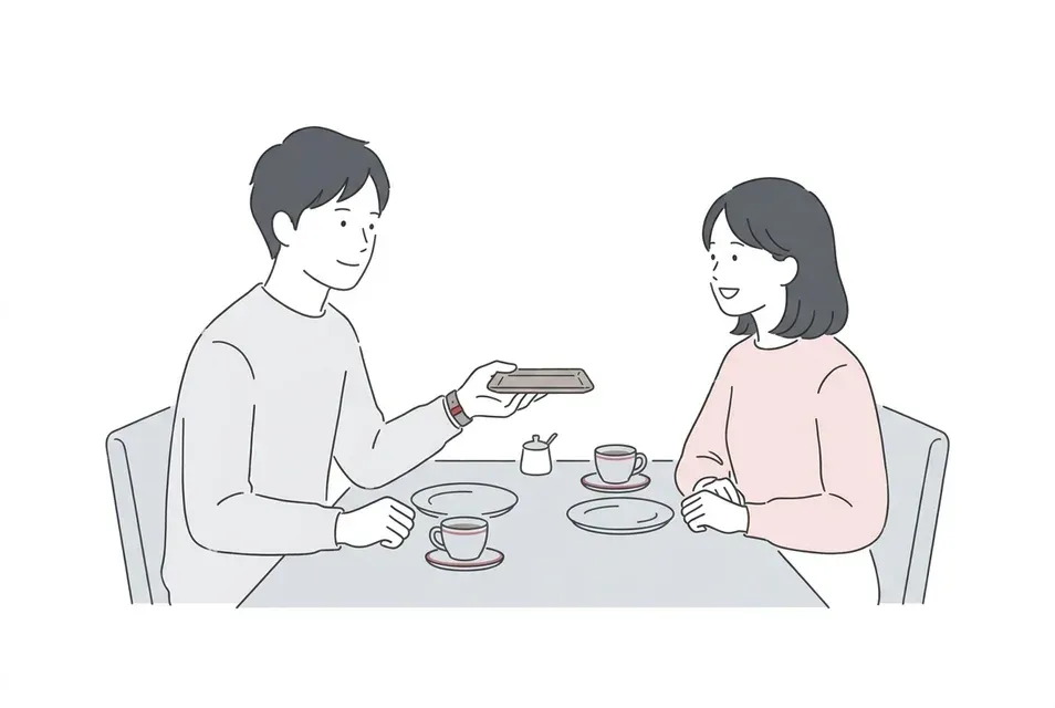 レストランで食事を終え、伝票を手に穏やかな笑顔で会計を申し出る男性と感謝を伝える女性