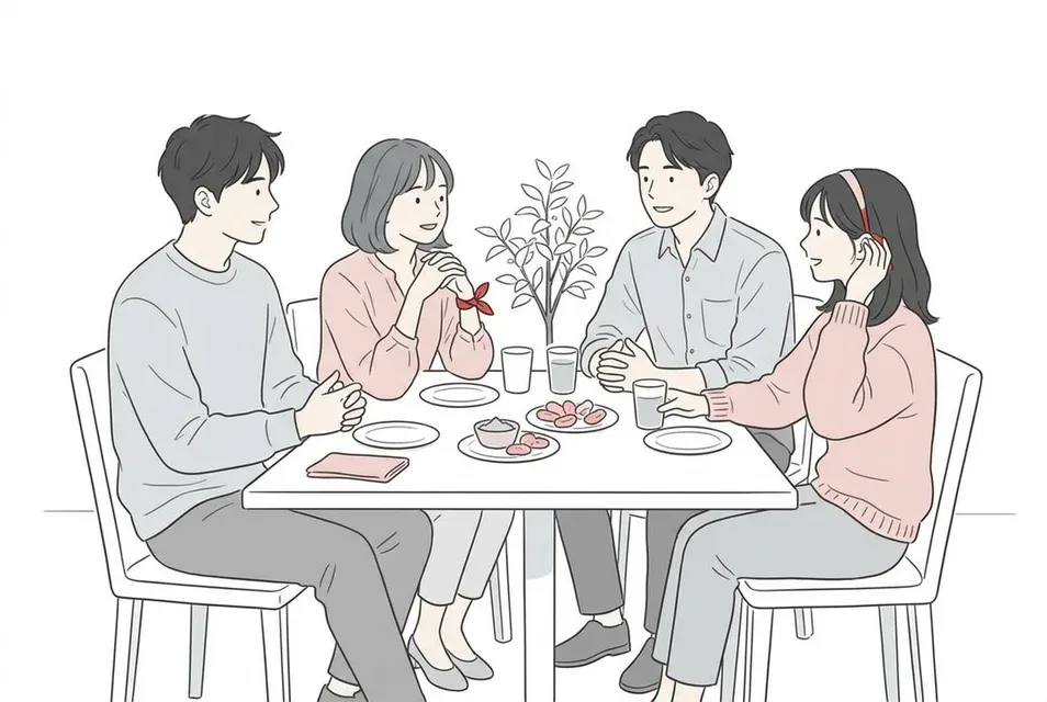 カジュアルな飲食店で、友人同士のグループが食事と会話を楽しむ様子