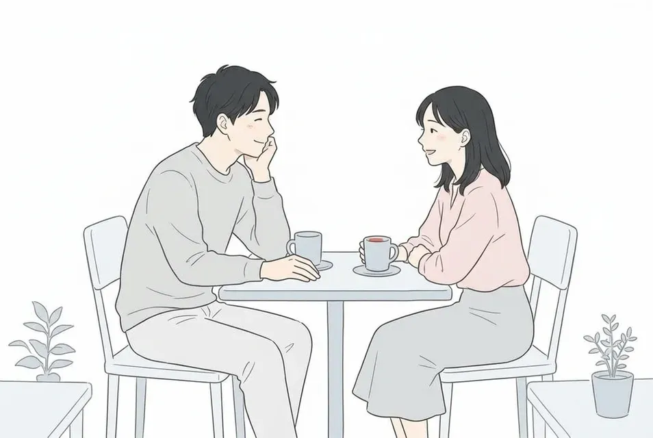 落ち着いたカフェの席で互いに共感し合い穏やかに語り合う大人の男女