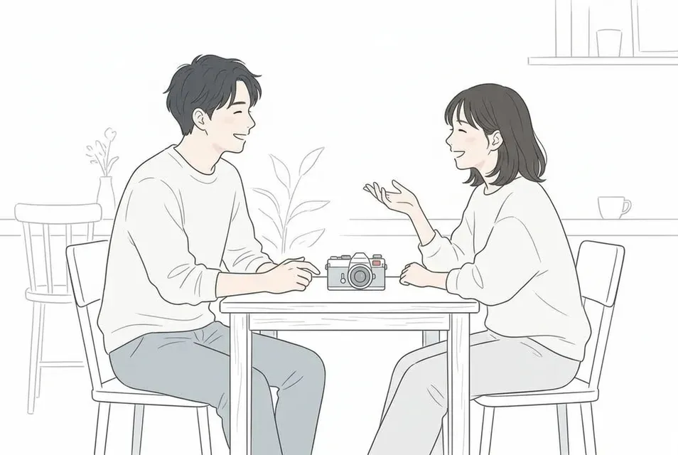 カフェのテーブルで共通の趣味をきっかけに笑顔で自然体な会話を楽しむ男女