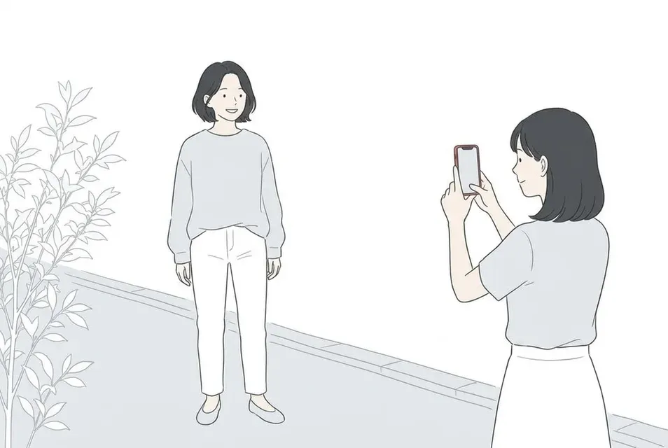 木漏れ日が差す公園で、友人に全身のプロフィール写真を自然光の中で撮影してもらっている女性