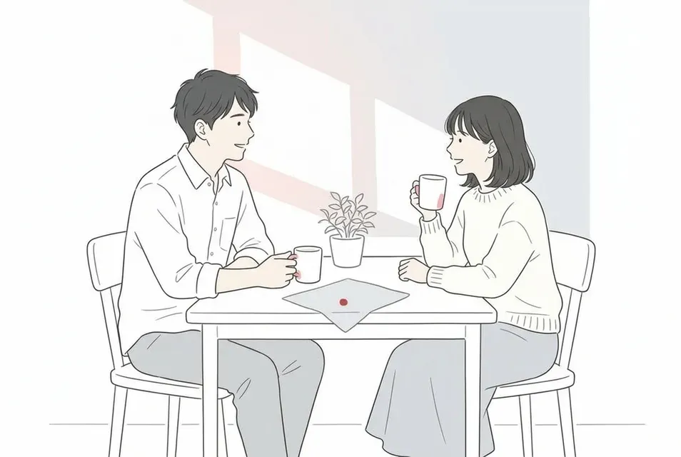 落ち着いたカフェのテーブル席で、コーヒーを前に穏やかに会話を楽しむ男女