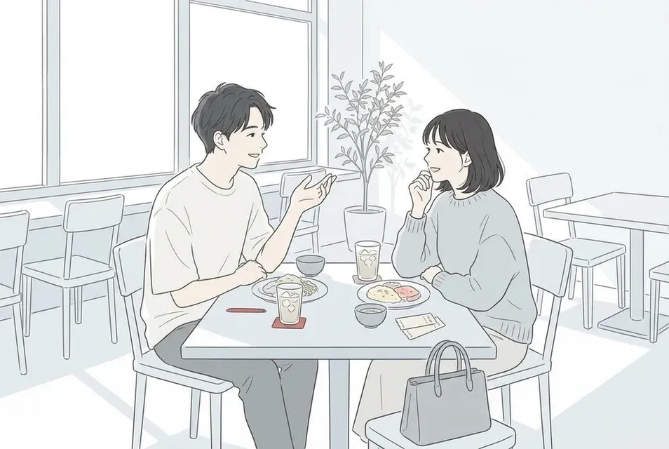 明るいカフェでランチを楽しみながら映画の感想を語り合う男女