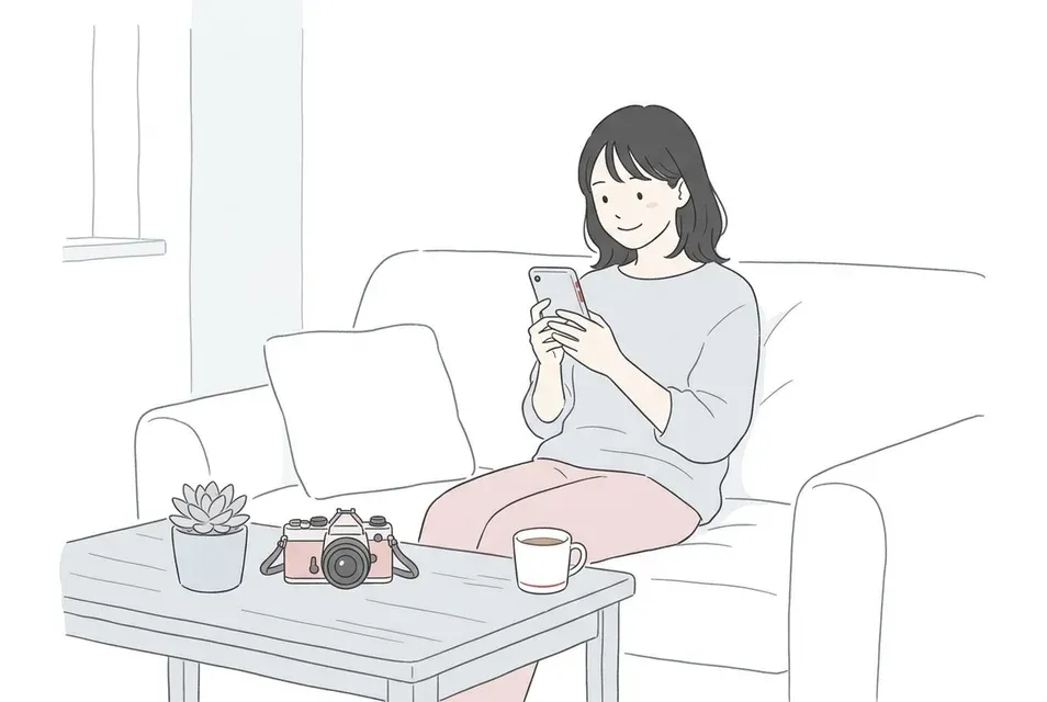 趣味のカメラが置かれた明るいリビングで、スマートフォンを手に穏やかに微笑む女性