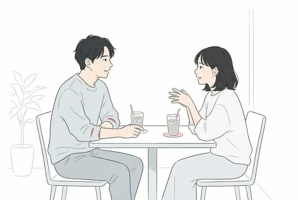 日当たりの良いカフェで、アイスコーヒーを前に穏やかに会話を楽しむ男女