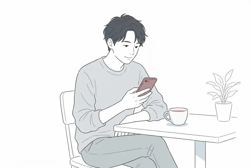 カフェの席でコーヒーを傍らに置き、落ち着いた様子でスマートフォンの画面を見つめながら思案する成人男性。