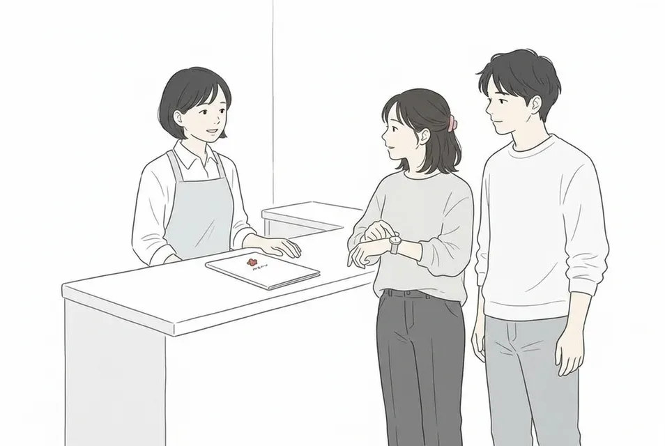 入店前に店員へ利用時間や料金の仕組みを確認する二人組