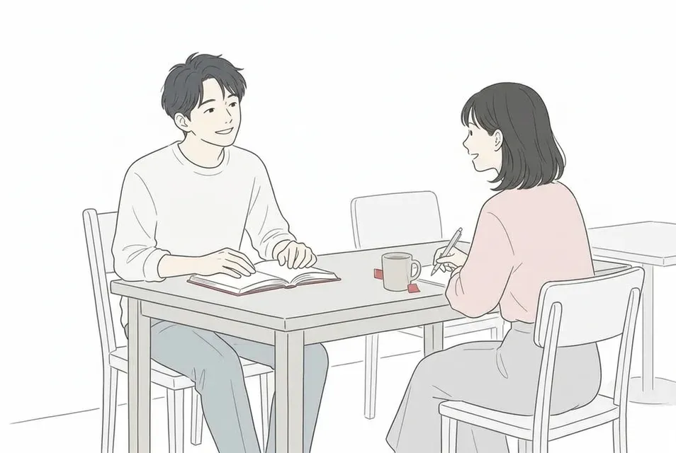 休日のカフェで、読書や書き物の合間に会話を交わす男女