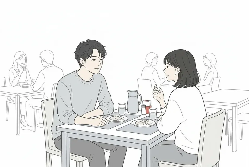 第三者の目がある明るい飲食店で、適度な距離感を保ちながら会話を楽しむ大人の男女