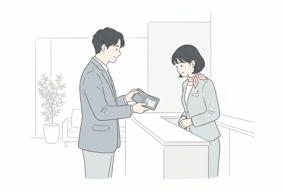 店舗の受付でスタッフに身分証明書を提示して年齢確認を受ける来店客
