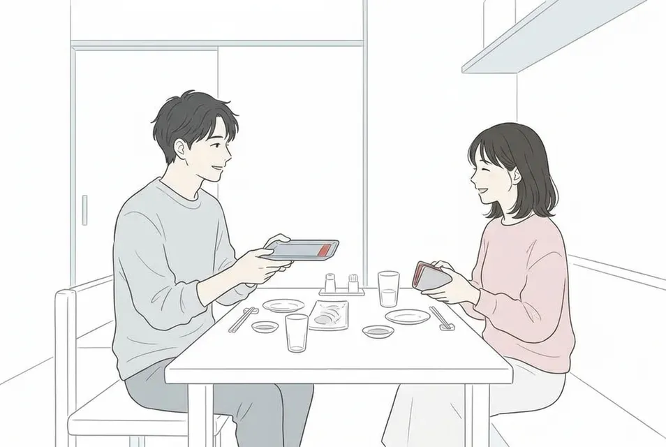居酒屋のテーブルで食後のお会計時に、笑顔で穏やかにやり取りをする男女