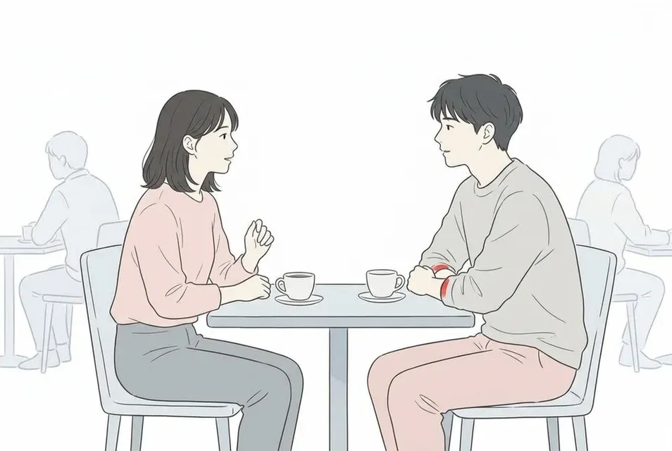 落ち着いたカフェの席で向かい合って真剣に話し合う男女