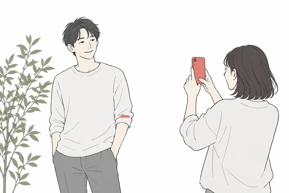 友人に自然な表情のプロフィール写真を撮ってもらう様子